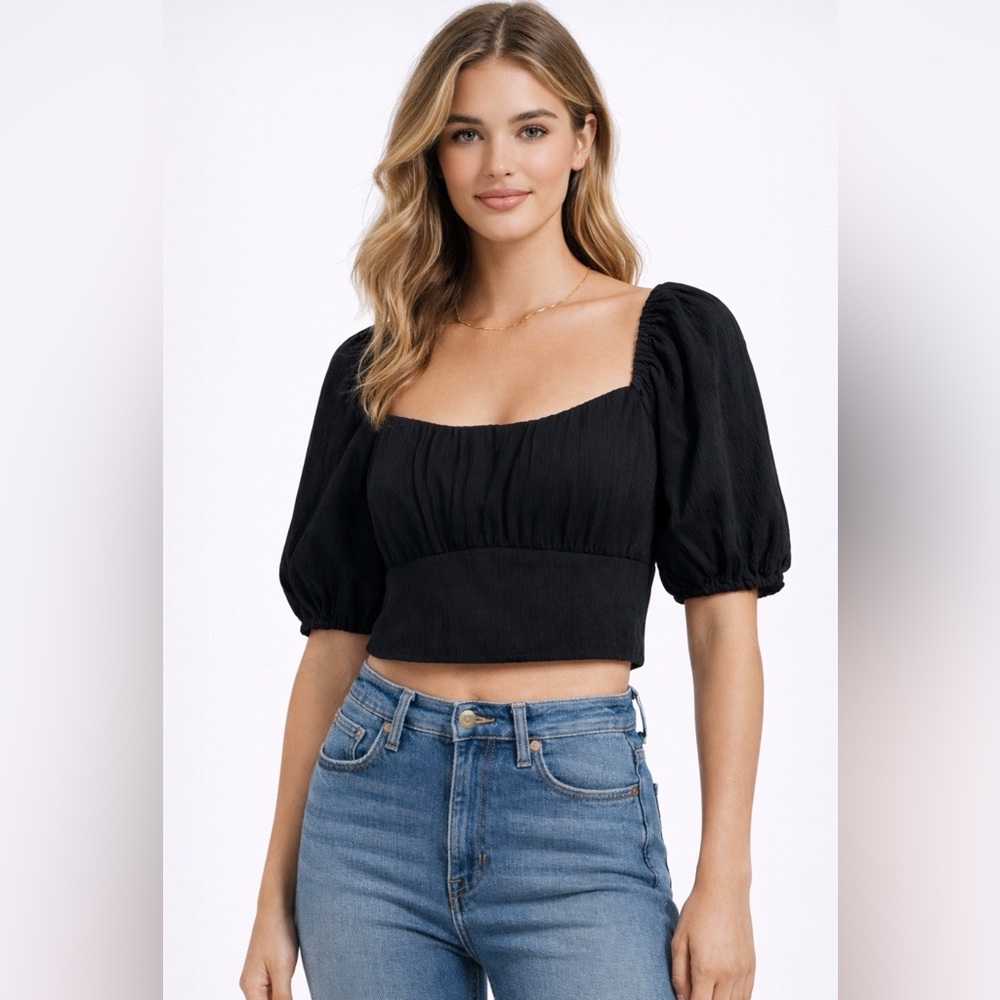 Abercrombie & Fitch Black Puff Sleeve Crop Top Cottagecore  Size S(A440)